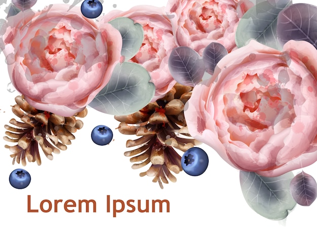 牡丹の花とモミの水彩 Premiumベクター