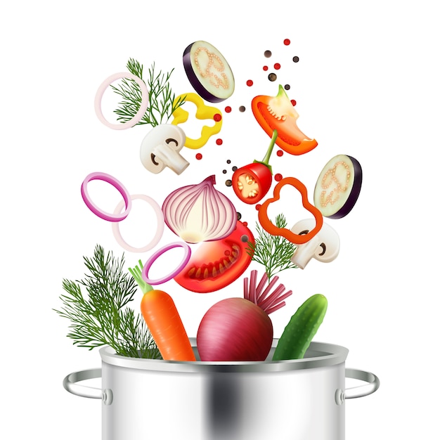 野菜や鍋の食材と料理のシンボルベクトルイラストリアルなコンセプト