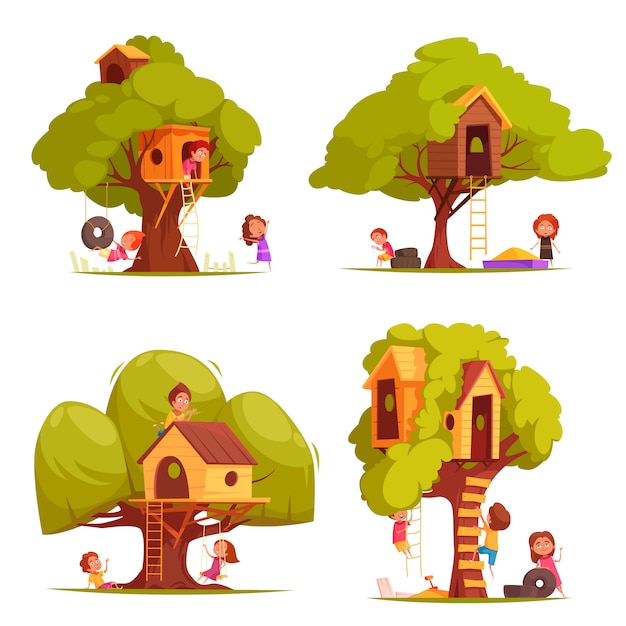 ゲームイラスト中に子供と木の家 無料のベクター