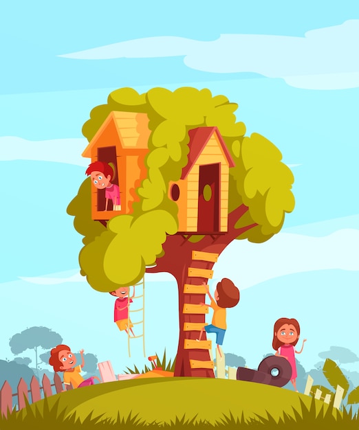 ゲームイラスト中にうれしそうな子供と木の家 無料のベクター