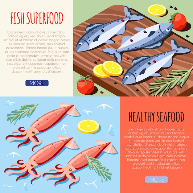 魚のスーパーフードと新鮮な魚とイカ等尺性ベクトルイラストと健康的な