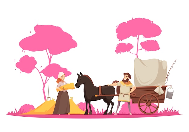 人間のキャラクターと木の背景漫画のカートと古代の農村地上輸送馬 無料のベクター