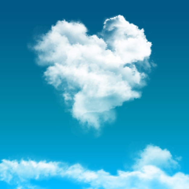 雲のある雲の合成で現実的な青い空が中心のハートのように見える 無料のベクター