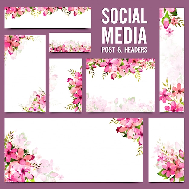 ソーシャルメディアの投稿とヘッダー ピンク色の水彩画 プレミアムベクター
