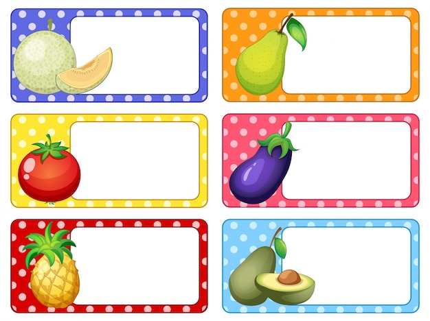 果物や野菜のイラストを使ったラベルデザイン プレミアムベクター