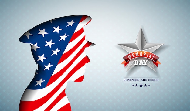 アメリカイラストの記念日 バナー グリーティングカード またはホリデーポスターの軽いスターパターン背景に愛国心が強い兵士のシルエットの旗とアメリカの国民の祭典デザイン 無料のベクター