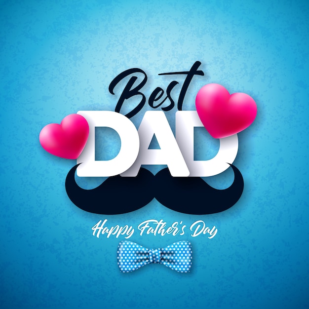 点線の蝶ネクタイ 口ひげ 青の背景に赤いハートの幸せな父の日グリーティングカードデザイン お父さんのためのお祝いイラスト 無料のベクター