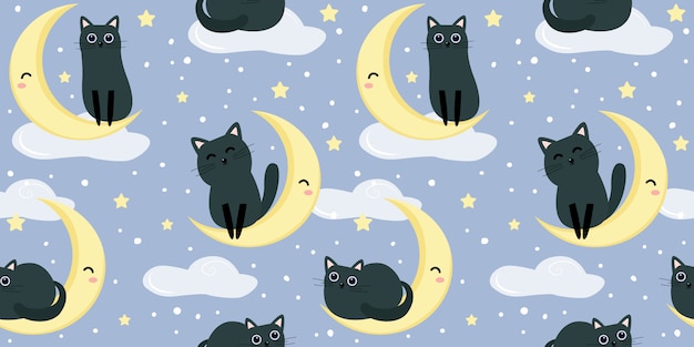 シームレスパターンのかわいい黒い子猫イラスト プレミアムベクター