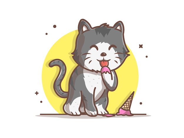 かわいい猫はアイスクリームコーンアイコンイラストを食べる