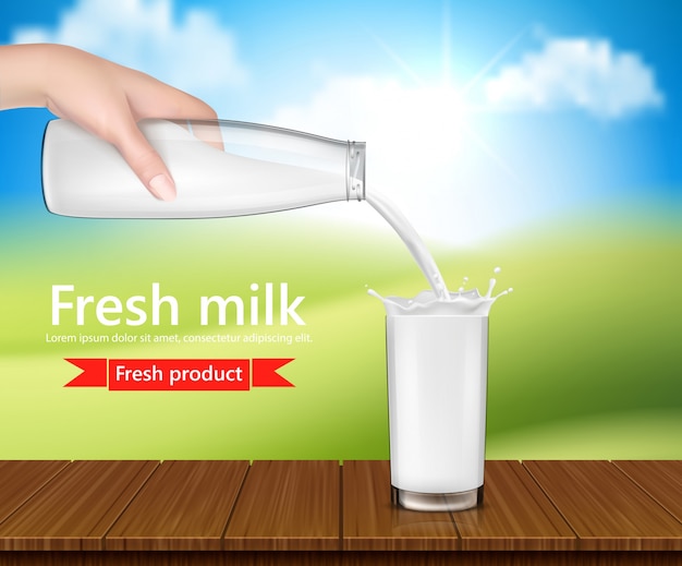 ベクトル現実的なイラスト 牛乳のガラス瓶を持ち ミルクを注ぐ手で