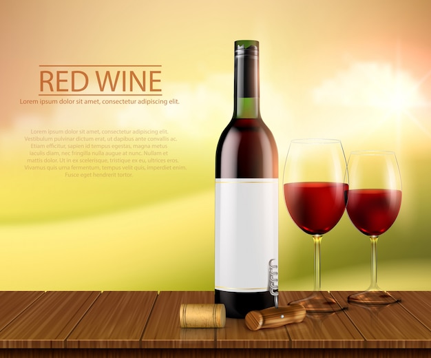 現実的なベクトルイラスト ガラスワインボトルと赤ワインと眼鏡
