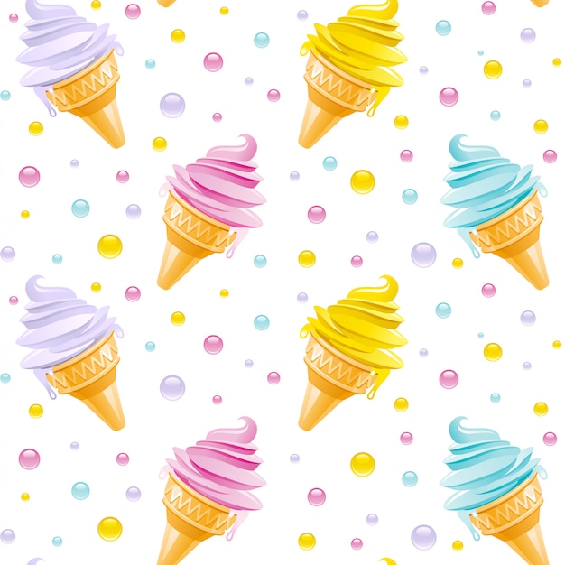 アイスクリームのパターン シームレスなアイスクリームコーンの背景 かわいい夏のイラスト アイスクリームの質感を持つ漫画アート テキスタイルや紙のデザインを印刷します プレミアムベクター