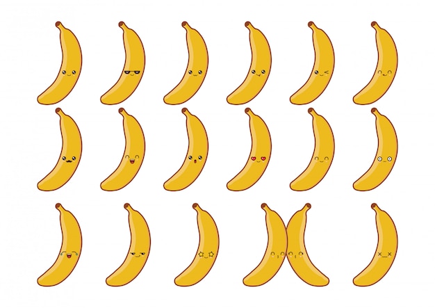 バナナかわいいかわいいマスコット かわいい食べ物の顔を設定する プレミアムベクター