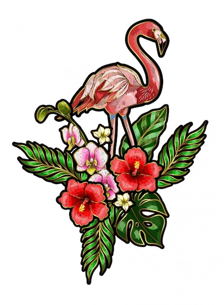 花と葉のフラミンゴ刺繍パッチ プレミアムベクター