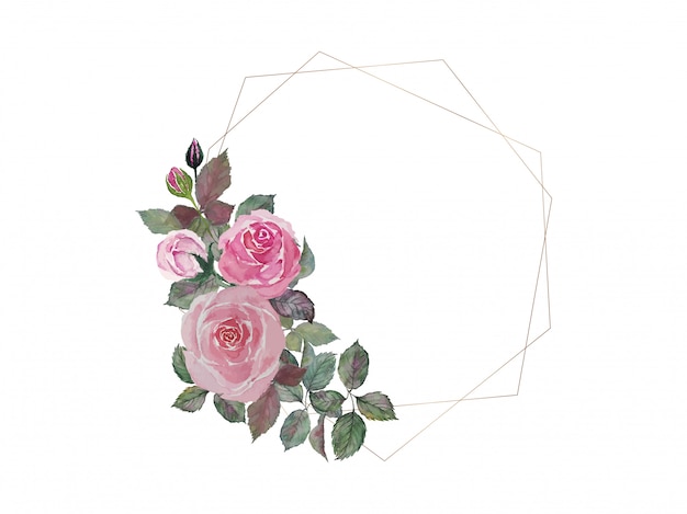 ピンクのバラの花束絵画水彩画をダブルゴールデン六角形ワイヤーフレームイラスト プレミアムベクター