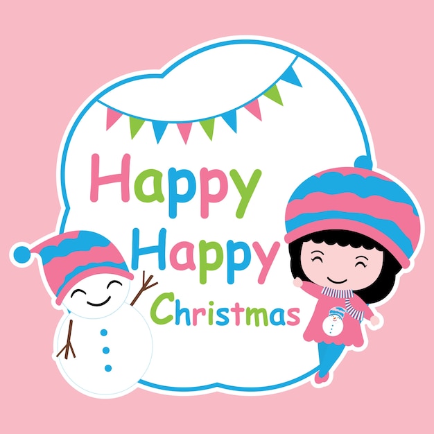 かわいい女の子と青いフレームの雪だるま漫画イラストのクリスマス