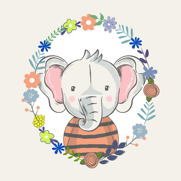 花とかわいい赤ちゃん象の描き下ろしイラストを手します プレミアムベクター