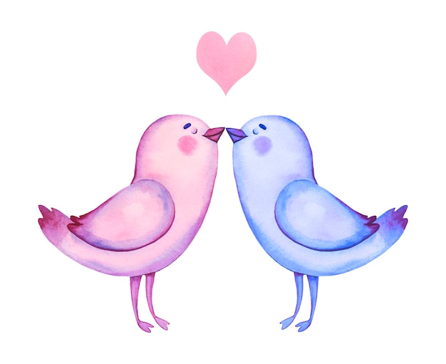水彩の手描きの愛の鳥 バレンタインデーのクリップアート 漫画鳥のイラスト プレミアムベクター