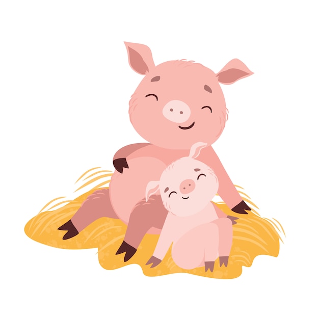 ベクトルイラスト ママ豚と子豚の赤ちゃん プレミアムベクター