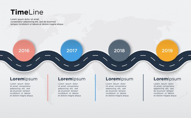 曲線道路イラストとプレゼンテーション用のカラフルな円の情報タイムライングラフ プレミアムベクター