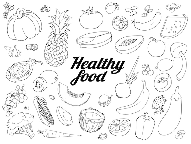 健康食品セット 手描きのさまざまな種類の野菜や果実の大まかな簡単な