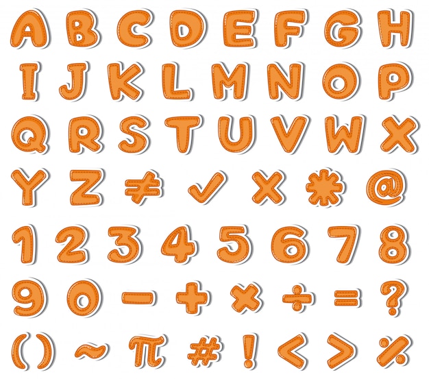 オレンジ色の英語のアルファベットと数字のフォントデザイン