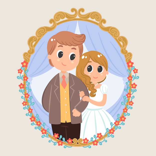 花柄ビンテージビクトリア朝フレームの背景を持つ結婚式カップル漫画のキャラクター プレミアムベクター