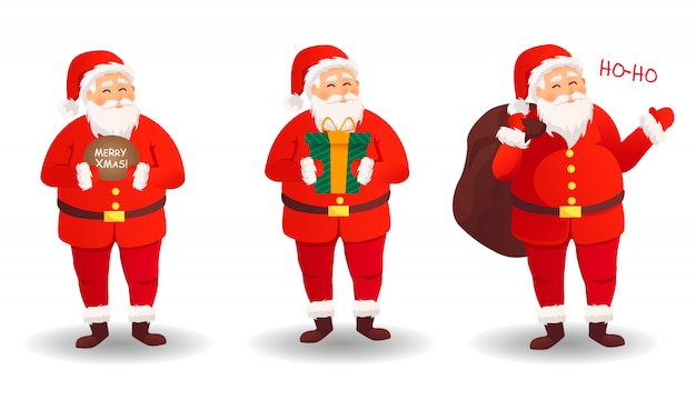 サンタクロースセット クリスマスカード 面白い漫画サンタクロースと贈り物で巨大な赤いバッグ クリスマスのサンタクロース プレミアムベクター