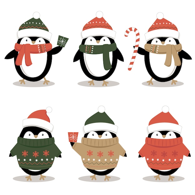 かわいいペンギンセットのコレクション漫画イラスト かわいいクリスマスキャラクターデザイン プレミアムベクター