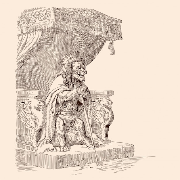 王冠のライオンキングは 足に杖を持ち 肩にマントを着用し 玉座に座ります プレミアムベクター