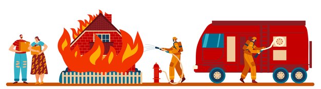 消防士は家の炎 消防車 消火栓 キャラクターカップル 家のイラストなしで家族を消します プレミアムベクター