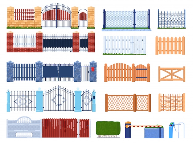 ゲートとフェンスのイラストセット フェンスで囲まれた庭の家と農場 門柱の漫画の木または石レンガ構造のコレクション プレミアムベクター