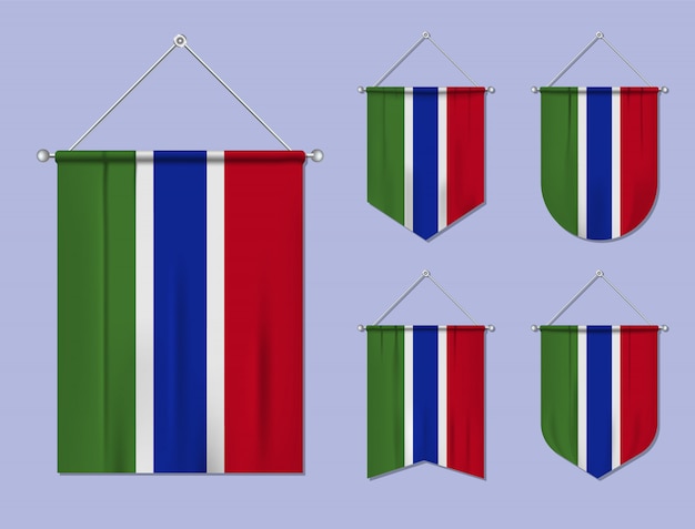 掛かるフラグテキスタイルテクスチャとガンビアのセットです 国旗の国の多様性の形 縦型テンプレートペナント プレミアムベクター
