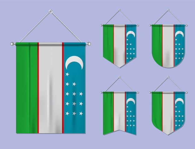 掛かる旗の繊維質感とウズベキスタンのセットです 国旗の国の多様性の形 垂直テンプレートペナント プレミアムベクター