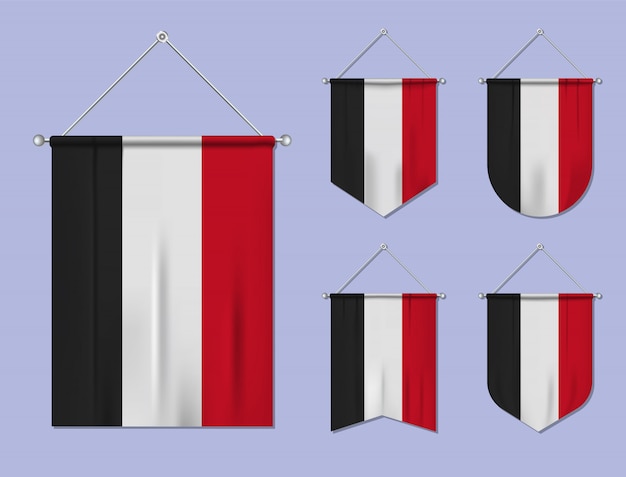 掛かる旗のセット繊維の質感とイエメン 国旗の国の多様性の形 垂直テンプレートペナント プレミアムベクター