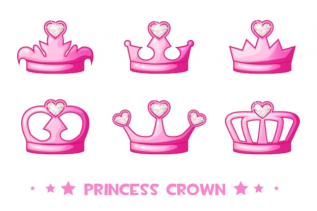 ピンクの王冠デプリンセス アイコンを設定します 女の子のためのかわいいベクトル図 プレミアムベクター