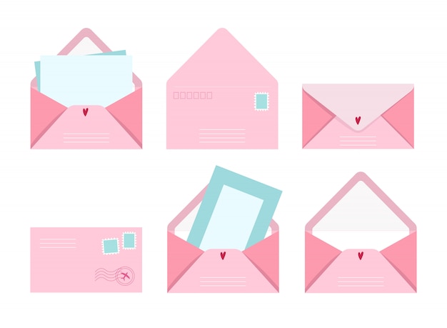 ポストカードと封筒セット グリーティングカードとポストスタンプのイラスト郵便 愛と友情の手紙デザインのかわいいピンクコレクション プレミアムベクター