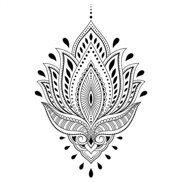 蓮の一時的な刺青の花 東洋のインド風の装飾 飾りを落書き 概要手描きイラスト プレミアムベクター