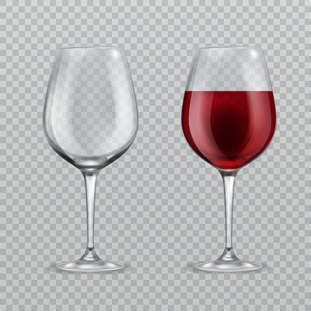 現実的なワイングラスのイラスト 空と赤ワイン使い捨てからす分離