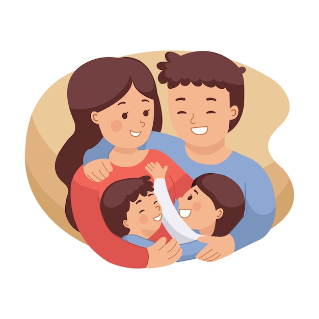 幸せな家族がお互いをハグのイラスト 医療保険のイメージ ママとパパと娘と息子 国際家族の日 白い背景で隔離のフラットスタイル プレミアムベクター