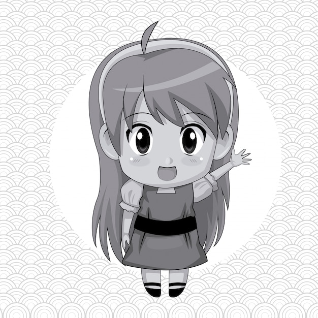 円形のフレームと 長い髪型でかわいいアニメの女の子表現の挨拶