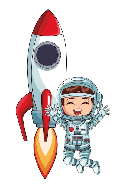 宇宙飛行士の女の子ジャンプロケット プレミアムベクター