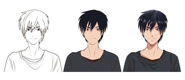 若い男アニメスタイルキャラクターベクトルイラストデザインの描画プロセス プレミアムベクター