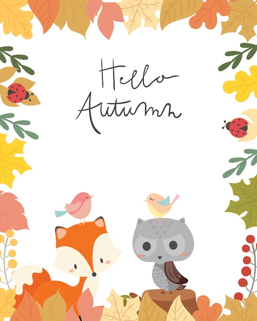 かわいい動物の秋のカードのベクトルのイラスト プレミアムベクター