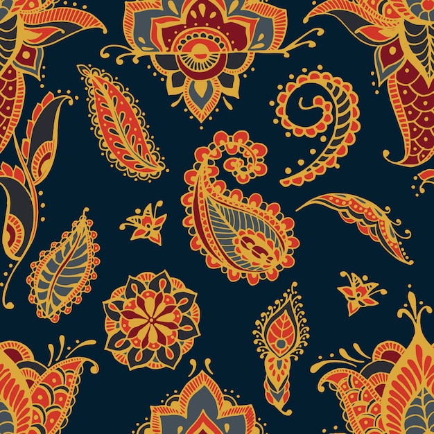 ペイズリー一時的な刺青の要素を持つ明るいシームレスパターン 暗い背景に伝統的なインドの花飾りと手描きの壁紙 プレミアムベクター