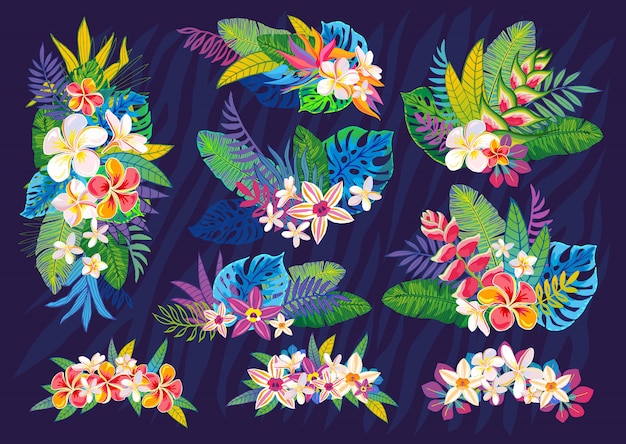 抽象的な熱帯植物 花 葉のセットです デザイン要素 野生動物のカラフルな花のジャングル 熱帯雨林のアートの背景 図 プレミアムベクター
