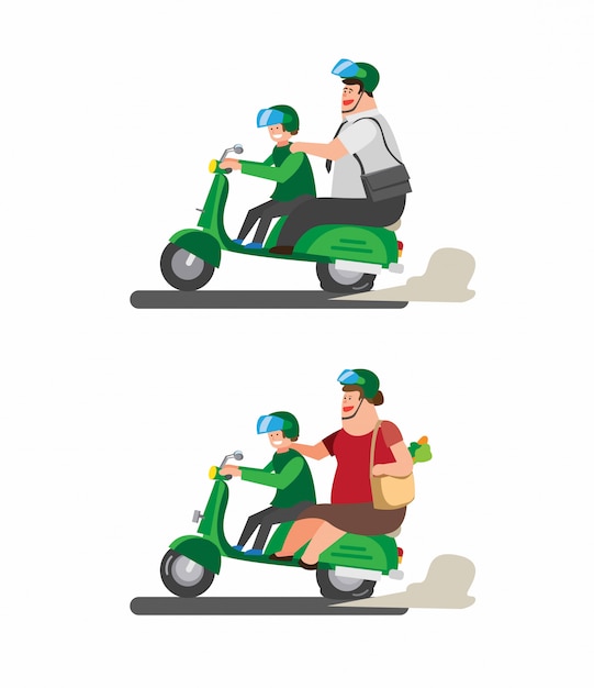 バイクのデブ男 漫画イラストのオンライン輸送で仕事に行く プレミアムベクター