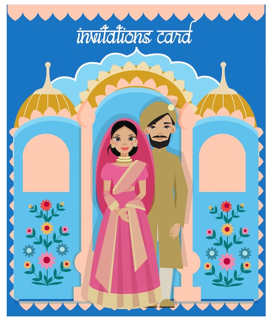 インドの結婚式のインドカップルのイラストレーター プレミアムベクター