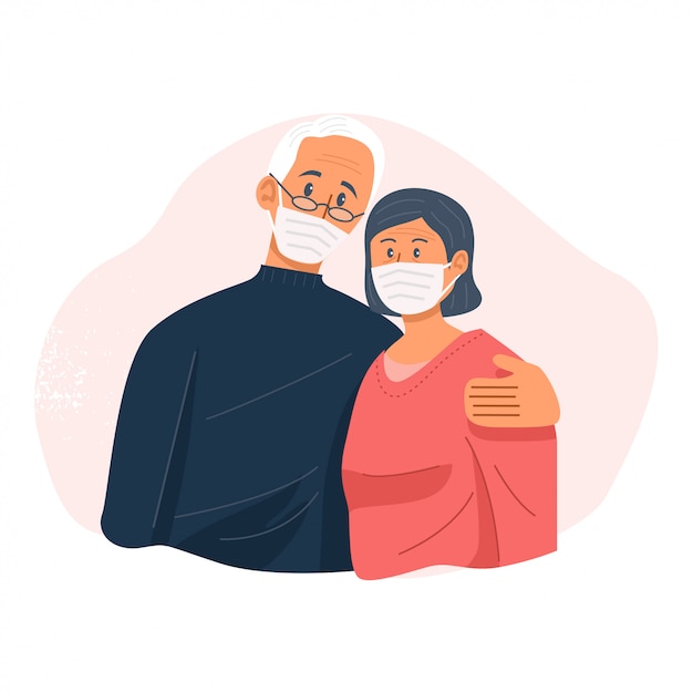 老夫婦のフェイスマスクを着用し お互いをハグ 退職カップル イラスト プレミアムベクター