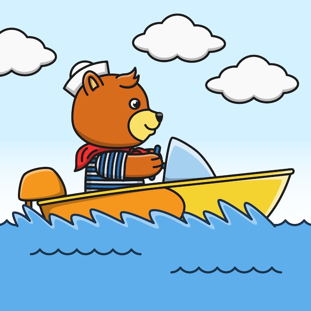 スピードボートに乗って漫画クマのイラスト プレミアムベクター